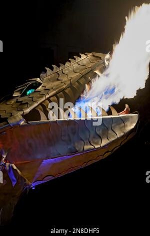 Metal fire breathing dragon at the Chinook Blast  Winter Festival, Calgary  Alberta Canada Stock Photo