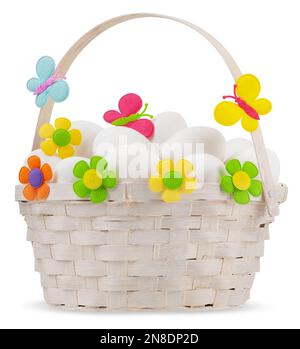 Easter basket full of eggs with flower spring decorations and butterflies, isolated on white background, template for label, gift greeting card, adver Stock Photo