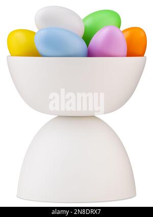 happy Easter decorations, basket full of colored easter eggs in pastel light colors, on pedestal isolated on transparent background. Template for labe Stock Photo