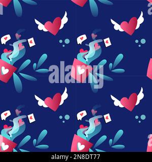 reg coffee mug with hearts vapor and messages. seamless pattern ornament. heart with wings Stock Vector
