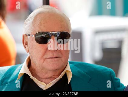 Former Miami Dolphins head coach Don Shula celebrates with teammates of the  1972 Miami Dolphins perfect season team as they were honored during  halftime of the Miami Dolphins Buffalo Bills game at