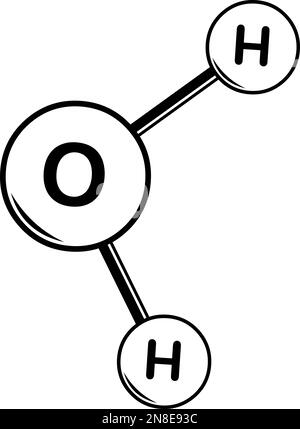 vector illustration of a water molecule, composed of two hydrogen and one oxygen. Drawn in black and white Stock Vector