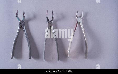 dental tools on gray background top view,flat lay Stock Photo
