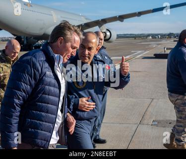 Adana, Turkey. 08th Feb, 2023. U.S. Ambassador to Turkey Jeffry Flake, left, speaks with Turkish Air Force Brig. Gen. Mehmet Serkan Dan, right, after USAID rescue workers arrived at Incirlik Air Base, February 8, 2023 in Adana, Turkey. The Disaster Assistance Response Team arrived to join the search and rescue operations following a massive earthquake that struck central-southern Turkey and northern Syria. Credit: SrA David McLoney/US Air Force Photo/Alamy Live News Stock Photo