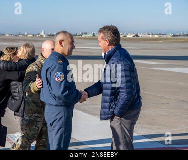 Adana, Turkey. 08th Feb, 2023. U.S. Ambassador to Turkey Jeffry Flake, right, is greeted by Turkish Air Force Brig. Gen. Mehmet Serkan Dan, left, after USAID rescue workers arrived at Incirlik Air Base, February 8, 2023 in Adana, Turkey. The Disaster Assistance Response Team arrived to join the search and rescue operations following a massive earthquake that struck central-southern Turkey and northern Syria. Credit: SrA David McLoney/US Air Force Photo/Alamy Live News Stock Photo