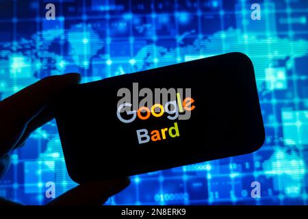 Digital composite of Google Bard AI chatbot logo on phone screen Stock Photo