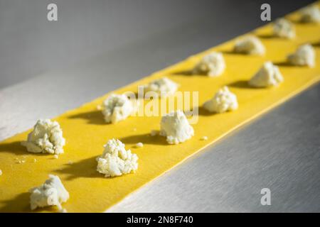 Preparing fresh made ravioli with ricotta cheese inside pasta factory. Making four cheese ravioli. Stock Photo
