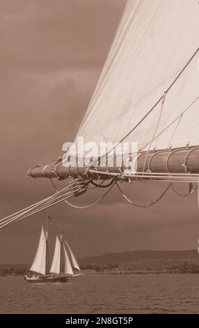 Sepia toned photograph of an antique sailing vessel tall ship on Penobscot bay on the Maine coast Stock Photo