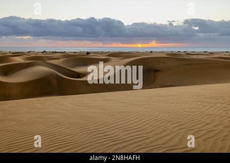 Maspalomas Dunes before the sunset. Landscape photo of beautiful desert and ocean. Stock Photo