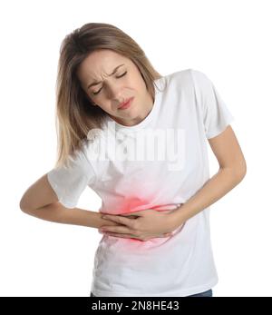 Woman Suffering Flank Pain On White Stock Photo 1051400534