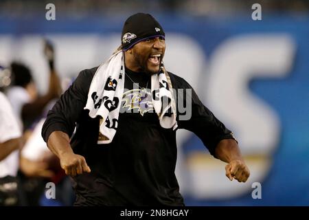 Baltimore Ravens' Ray Lewis reacts after hitting Tampa Bay