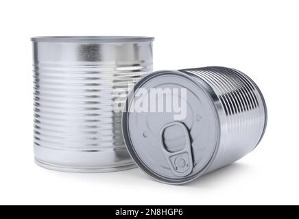 Closed tin cans of food on white background Stock Photo