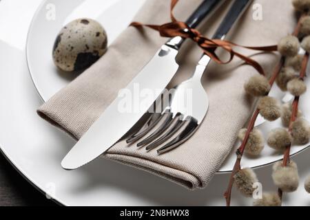 Festive Easter place setting with egg on table, closeup Stock Photo