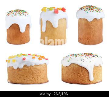 Set with traditional Easter cakes on white background Stock Photo
