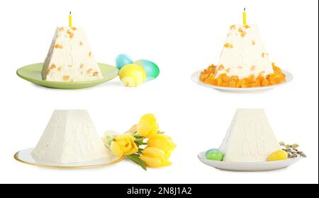 Set with traditional cottage cheese Easter paskhas on white background Stock Photo