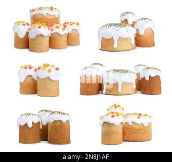 Set with traditional Easter cakes on white background Stock Photo