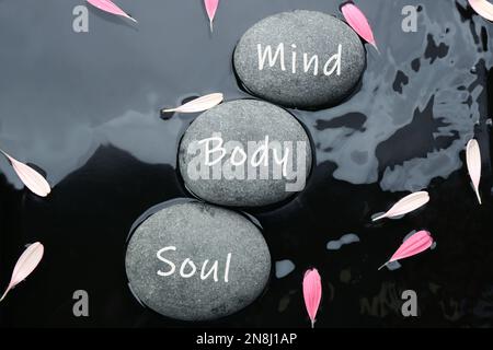 Stones with words Mind, Body, Soul and flower petals in water, flat lay. Zen lifestyle Stock Photo