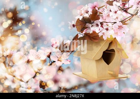 Beautiful wooden bird house hanging on blossoming tree outdoors. Springtime Stock Photo