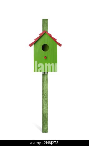 Beautiful wooden bird box isolated on white Stock Photo