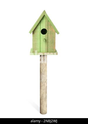 Beautiful wooden bird box isolated on white Stock Photo