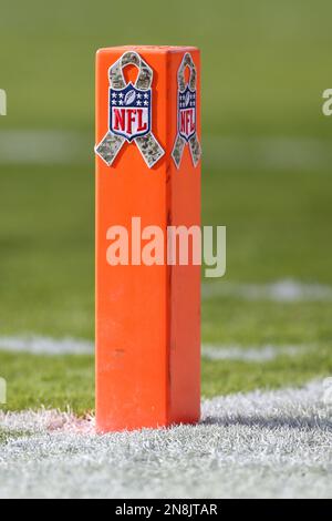 The NFL Salute to Service patch is seen on a jacket prior to an NFL football