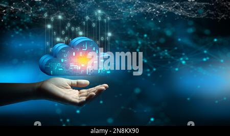Businessman hand holding Cloud computing technology internet storage network. Cloud service, Cloud technology, and Cloud storage Concept. Stock Photo