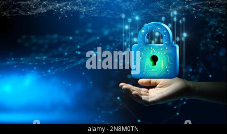 Businessman hand holding Padlock with Keyhole. Cyber data and information privacy. Future technology security, Network protection, and Modern safety. Stock Photo
