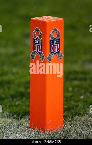 A Salute to Service sticker is displayed on the back of a Baltimore Ravens  helmet prior to the start of an NFL football game against the Carolina  Panthers Sunday, Nov. 20, 2022