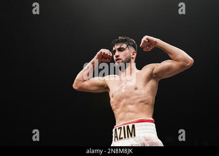 Adam Azim celebrates victory over Santos Reyes at the OVO Arena Wembley, London. Picture date: Saturday January 28, 2023. Stock Photo