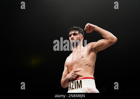 Adam Azim celebrates victory over Santos Reyes at the OVO Arena Wembley, London. Picture date: Saturday January 28, 2023. Stock Photo