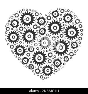 Heart shape mosaic of cog wheels. Looks like clockwork heart or love machine. Grey illustration on white background. Stock Vector