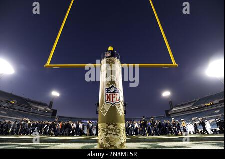 The goal post wrapped in Salute To Service theme is shown before an NFL  football game between the Pittsburgh Steelers and Dallas Cowboys in  Arlington, Texas, Sunday, Nov. 8, 2020. The NFL