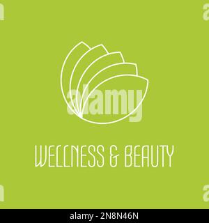 Green leafs icon - wellness beauty and spa theme. Simple flat white outline vector illustration on green background. Stock Vector