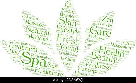 Green spa word cloud in a shape of lotus with wellness tags, vector illustration Stock Vector