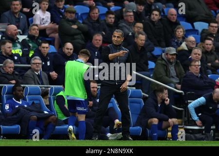 Cardiff, UK. 11th Feb, 2023. Sabri Lamouchi, the manager of Cardiff city instructs his players. EFL Skybet championship match, Cardiff city v Middlesbrough at the Cardiff City Stadium in Cardiff, Wales on Saturday 11th February 2023. this image may only be used for Editorial purposes. Editorial use only, pic by Andrew Orchard/Andrew Orchard sports photography/Alamy Live news Credit: Andrew Orchard sports photography/Alamy Live News Stock Photo