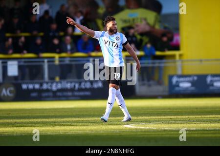 The EnviroVent Stadium, Harrogate, England - 11th February 2023 Kyle Wootton (19) of Stockport County - during the game Harrogate Town v Stockport County, EFL League 2, 2022/23, at The EnviroVent Stadium, Harrogate, England - 11th February 2023  Credit: Arthur Haigh/WhiteRosePhotos/Alamy Live News Stock Photo