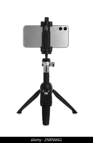 Smartphone fixed to tripod on white background Stock Photo