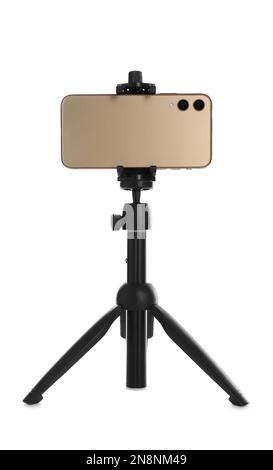 Smartphone fixed to tripod on white background Stock Photo