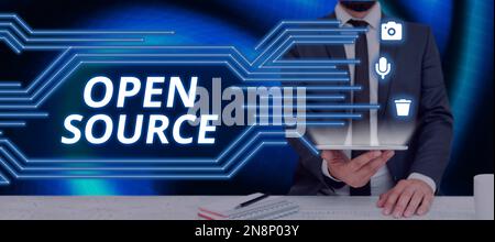 Handwriting text Open Source. Word Written on denoting software which original source code freely available Stock Photo