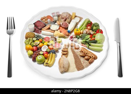 Cutlery near plate with different products on white background. Balanced food