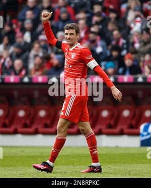 Muenchen, Germany. 11th Feb, 2023. Thomas Mueller of Bayern Munich reacts during the German Bundesliga match between Bayern Munich and VfL Bochum 1848 in Munich, Germany, Feb. 11, 2023. Credit: Philippe Ruiz/Xinhua/Alamy Live News Stock Photo