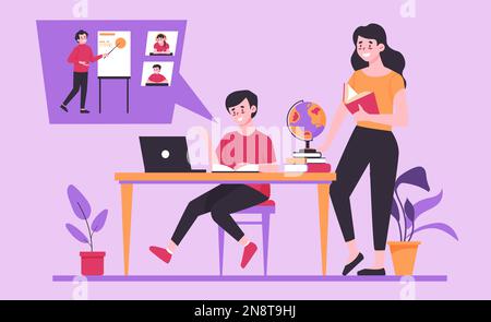 Mother and child at computer. Mom helping boy with homework. Cartoon ...