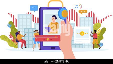 People with headphones and smartphone listening to podcasts flat composition vector illustration Stock Vector