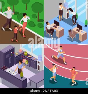 People drinking water concept icons set with jogging symbols isometric isolated vector illustration Stock Vector