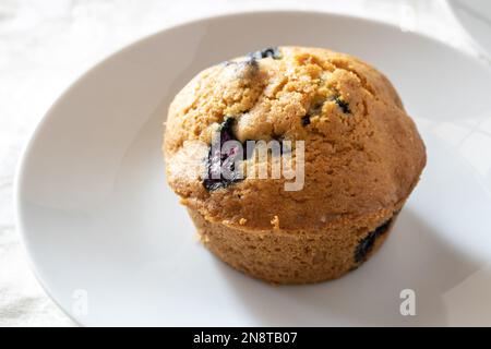 Blueberry muffin on white plate closeup Stock Photo