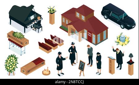 Isometric set with building hearse coffin guests and various elements for funeral service isolated 3d vector illustration Stock Vector