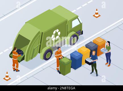 Isometric recycling composition with outdoor view of street with colorful waste bins and dump truck crew vector illustration Stock Vector