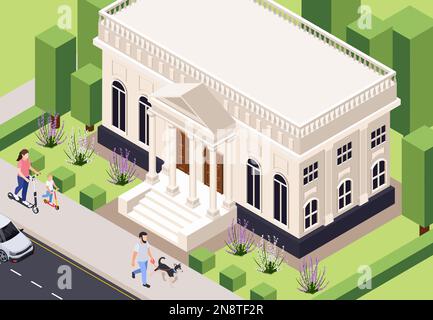 Classic architecture isometric composition with outdoor scenery of city street with people and medieval style building vector illustration Stock Vector