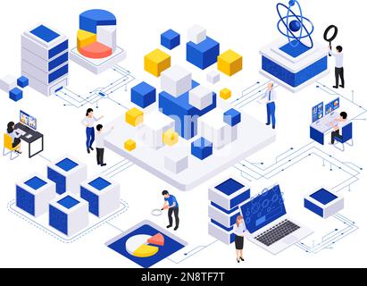 Data economy isometric composition with isolated platforms connected with wires human characters and computer infrastructure elements vector illustrat Stock Vector