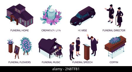 Funeral service isometric set of compositions with coffin hearse urn flowers people giving speech isolated vector illustration Stock Vector